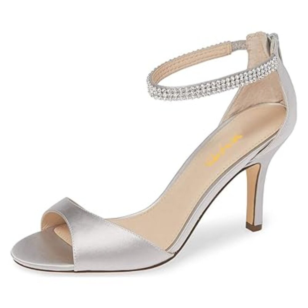 XYD Silver Grey Open Toe Rhinestones Ankle Strap Sandals Dress Shoes